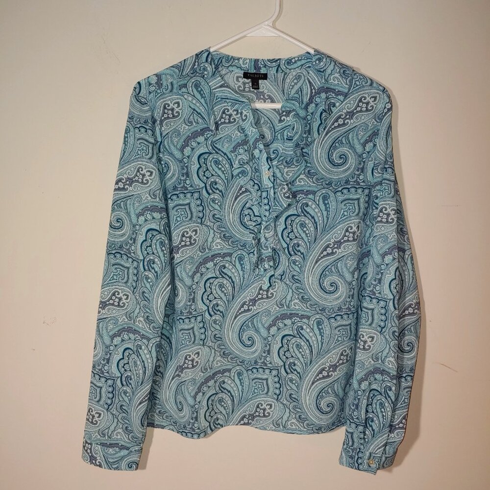 Talbots Ruffle V-Neck Long cuffed Sleeve Stand Collar Paisley Blouse Sz 14 Blue